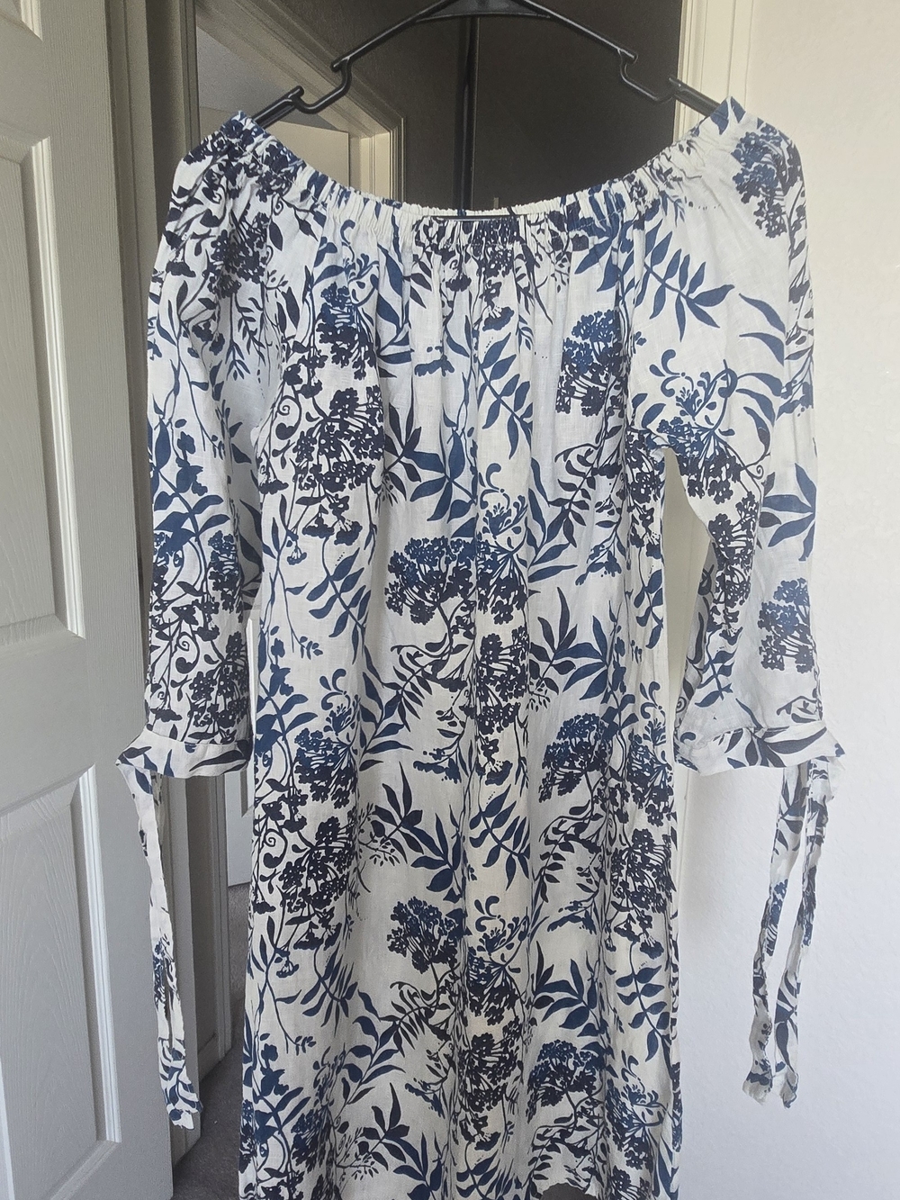 Valentina Naldi Italian Linen Blue Floral Print Off Shoulder Dress